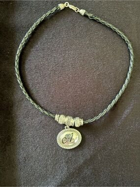 Vintage Napier Black Braided Leather Necklace w Silver-Tone Letter “A” Pendant